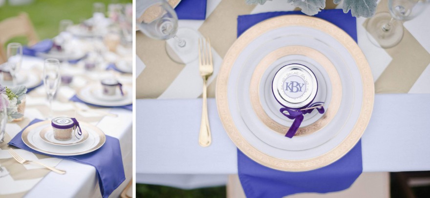 gold plates purple wedding favors silverware flatware