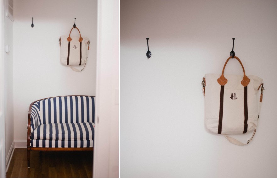 navy white stripe settee orb hooks monogram tote