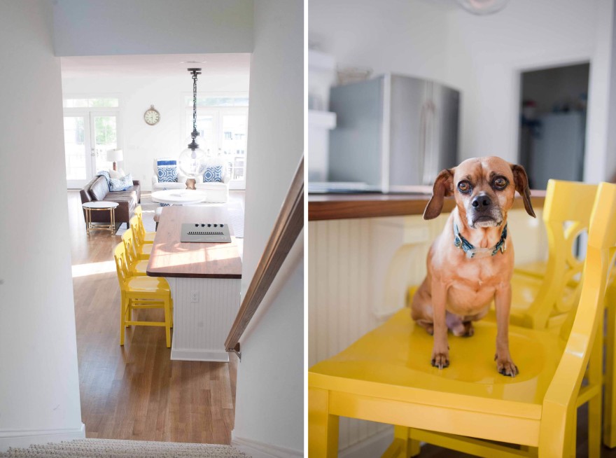 kitchen with yellow stools