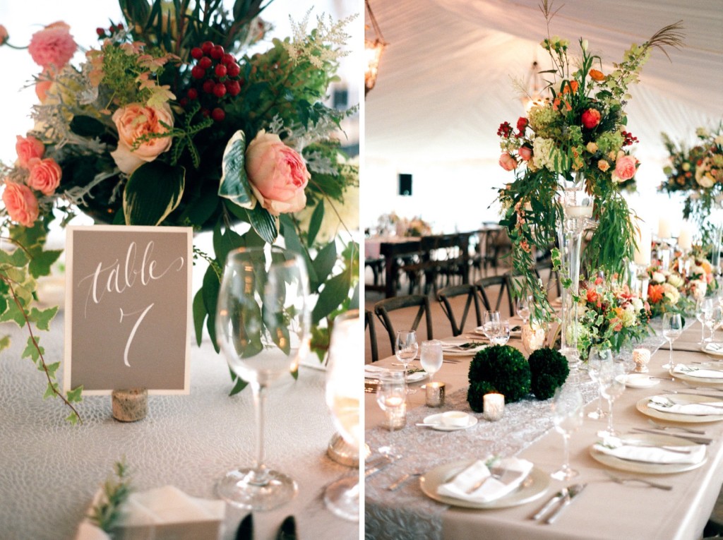 mountain nc wedding venue draped tent coral roses centerpiece