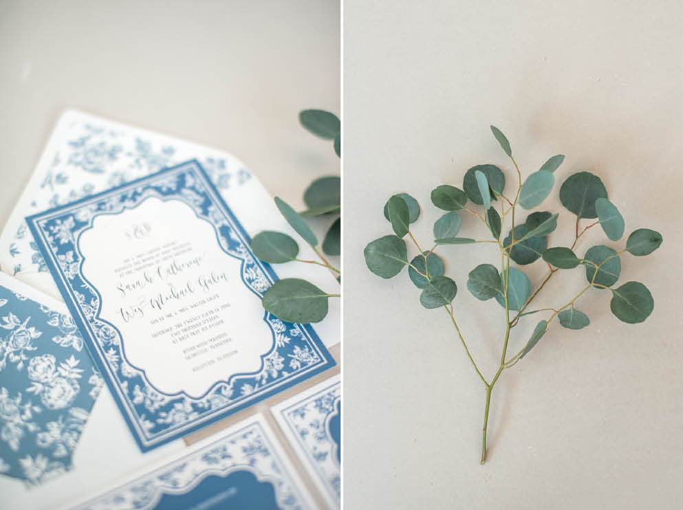 blue toile wedding invitation