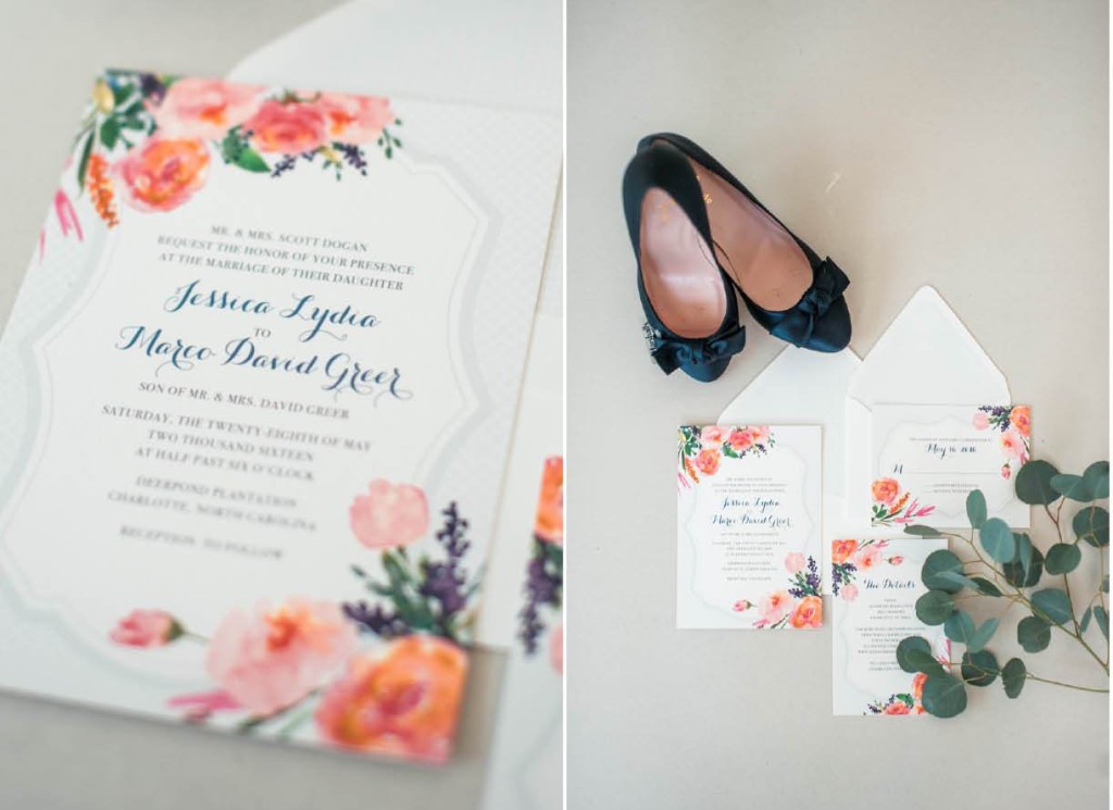 navy pink floral invitation