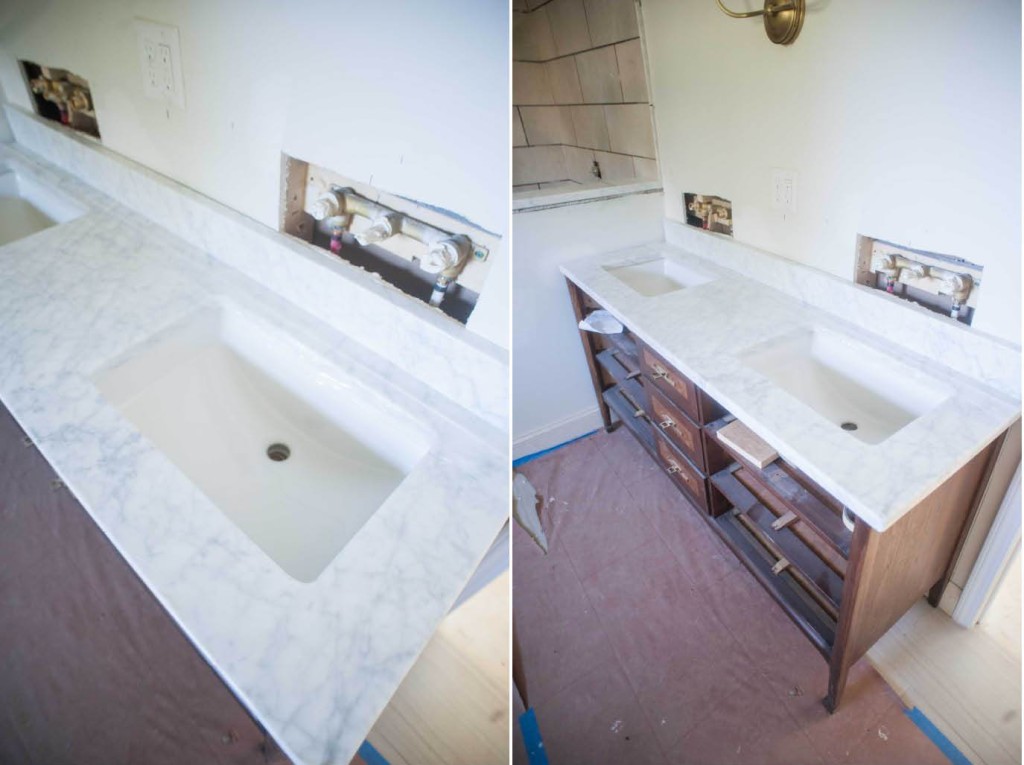 master bath vanity mid century modern walnut marble