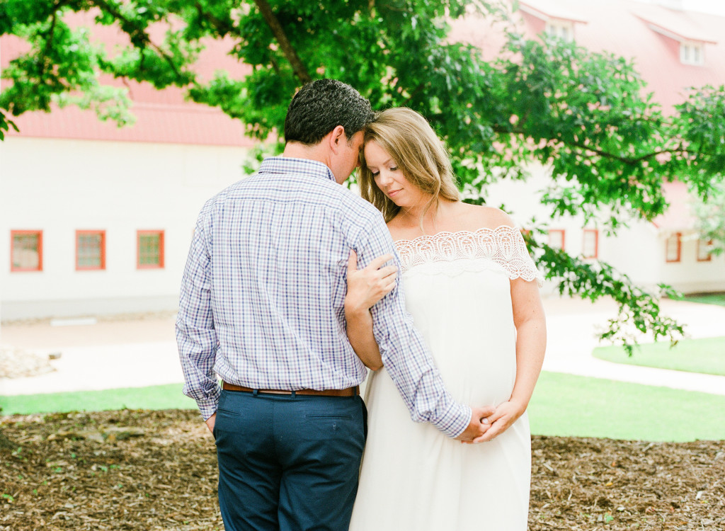 white dress purple shirt maternity session