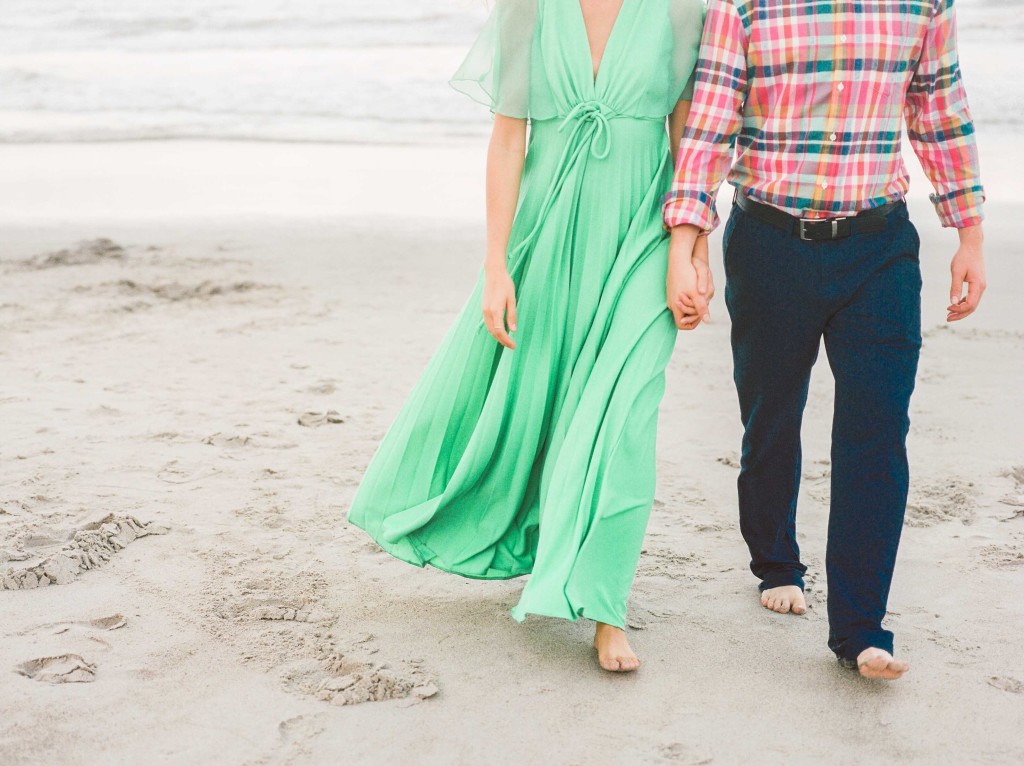 bright green dress engagement session plaid shirt