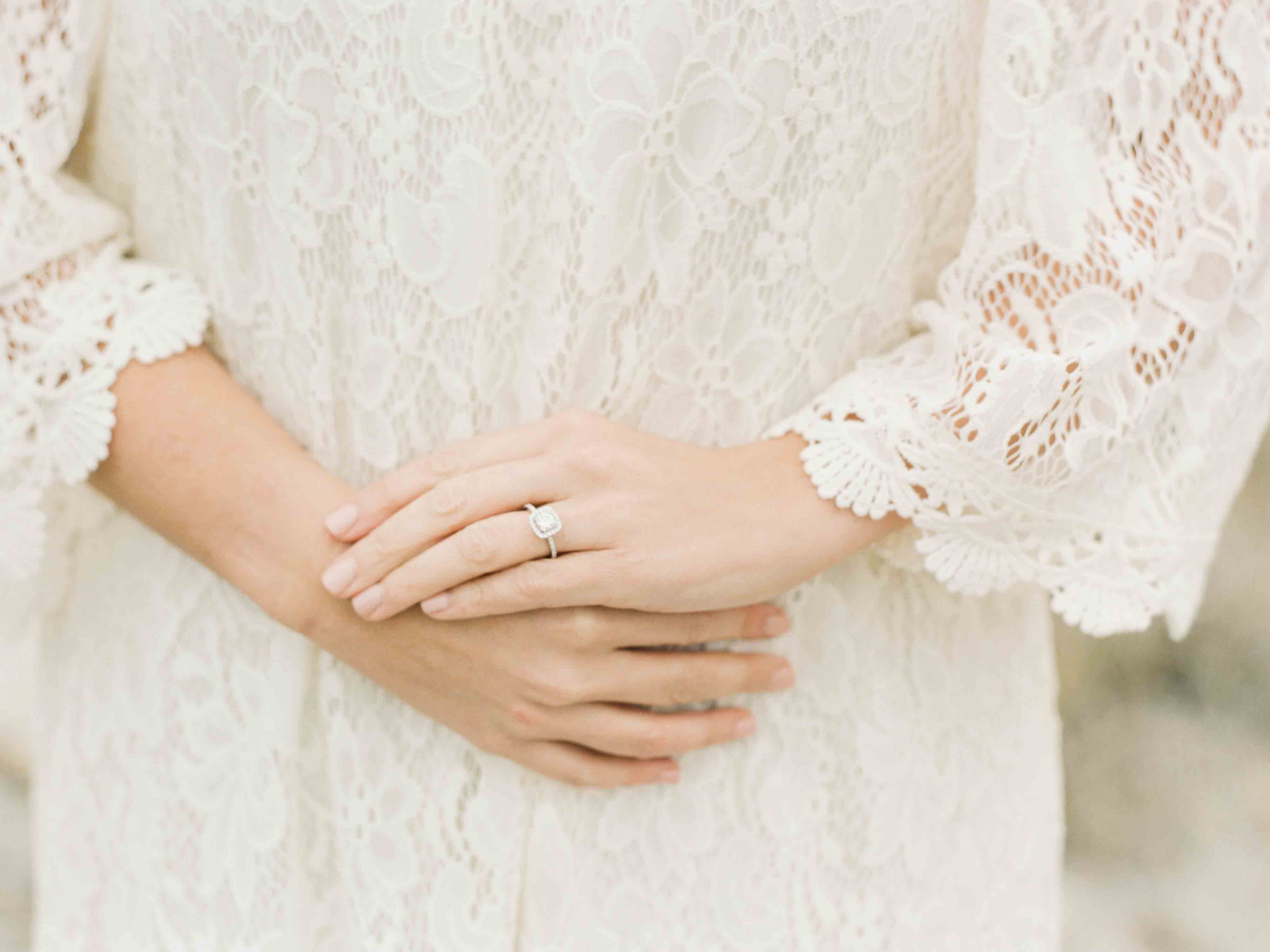 white lace dress engagement session